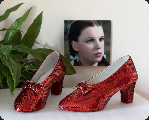 Hand-sewn ruby slippers crafted by JudyGarlandsRubySlippers.com